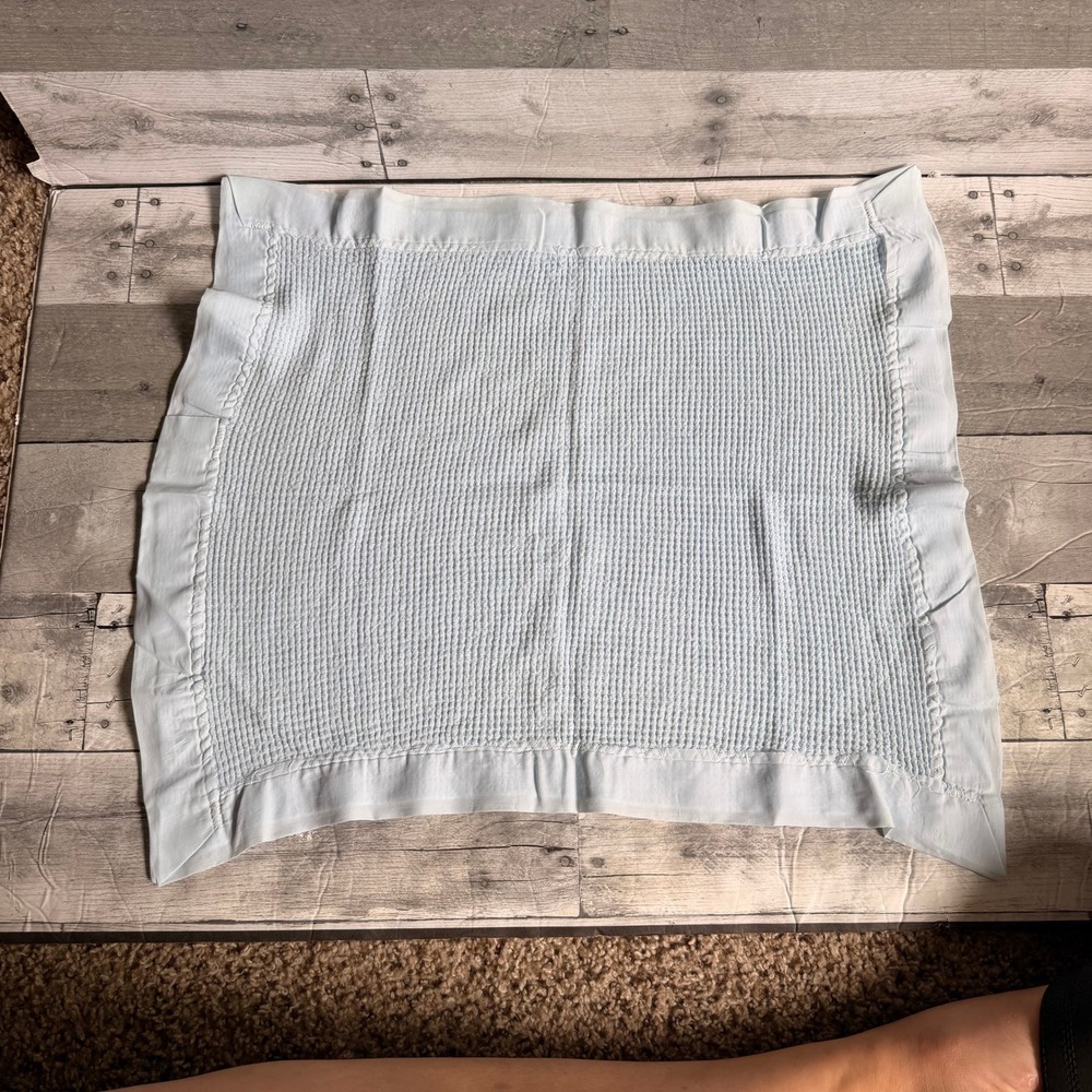 Vintage Morgan Mini Light Blue Waffle Knit Baby Blanket Satin Trim